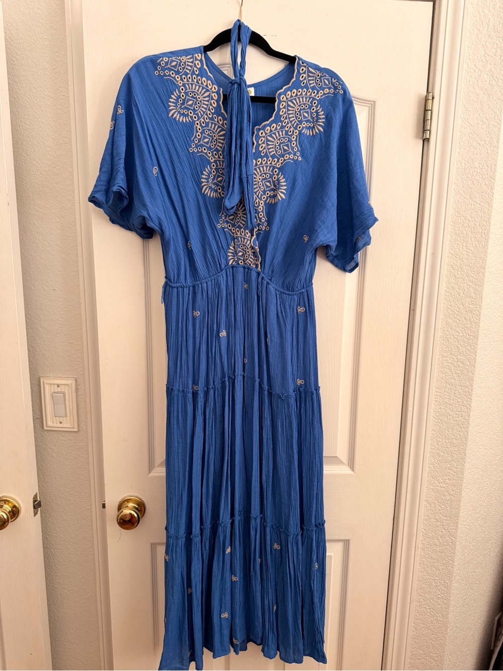 fig and flower Royal Blue Midi Dress with Cream Embroidery